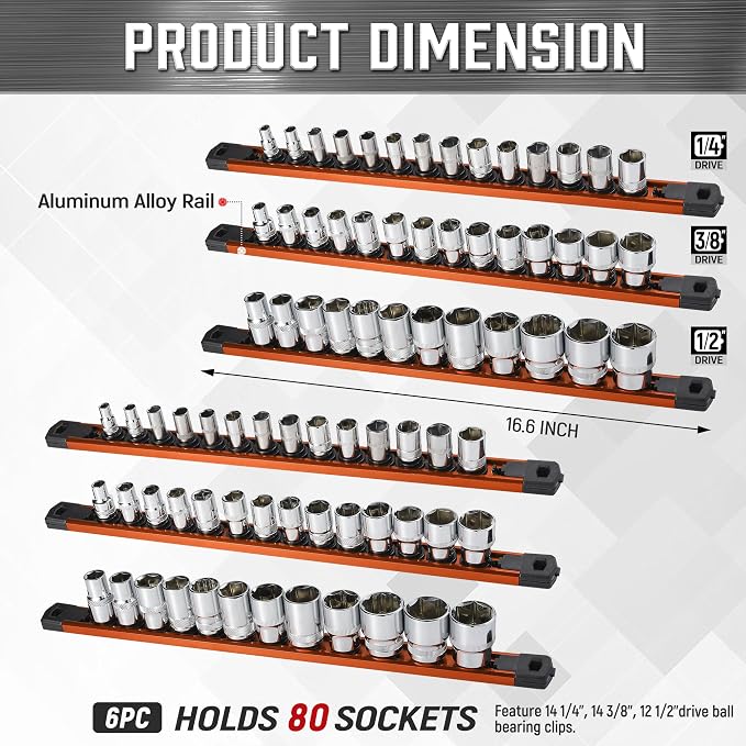 ALOANES 6-Piece Magnetic Socket Organizer, Heavy Duty Aluminum Socket Rails - Image 2