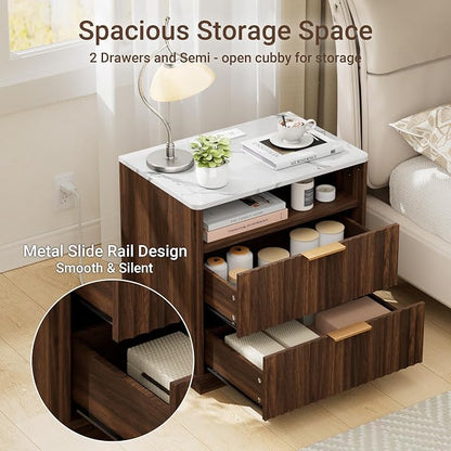 Large Fluted Night Stand with Charging Station, 2 Drawers Nightstand with - Image 6