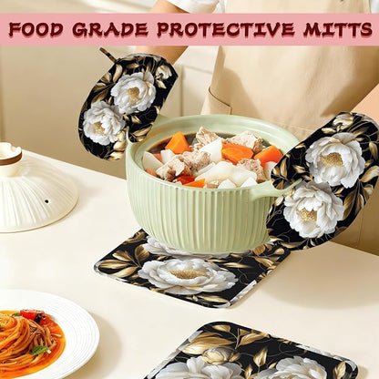 White Flowers Oven Mitts and Pot Holders, Glitter Blooming Heat Resistant - Image 7