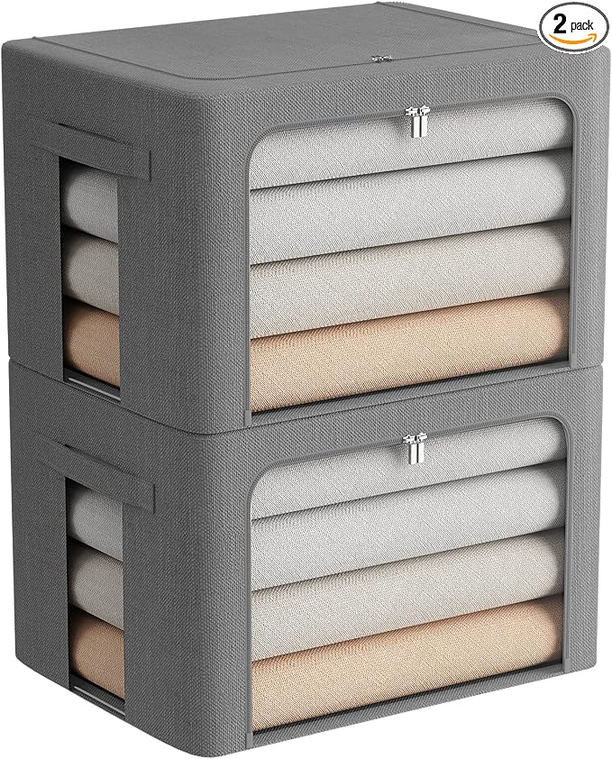 FHSQX 2 Pack Clear Window Storage Bins Stackable Linen Fabric Storage by FHSQX