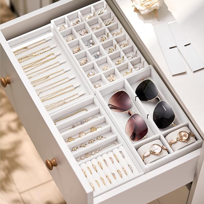 Velvet Jewelry Drawer Organizer Trays – White Stackable Jewelry Storage Inserts - Image 5