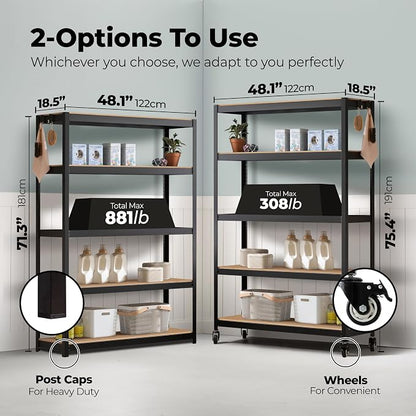 HOMEDANT House 5-Tier Metal Boltless Rolling Cart Shelf Rack Casters Heavy Duty - Image 2