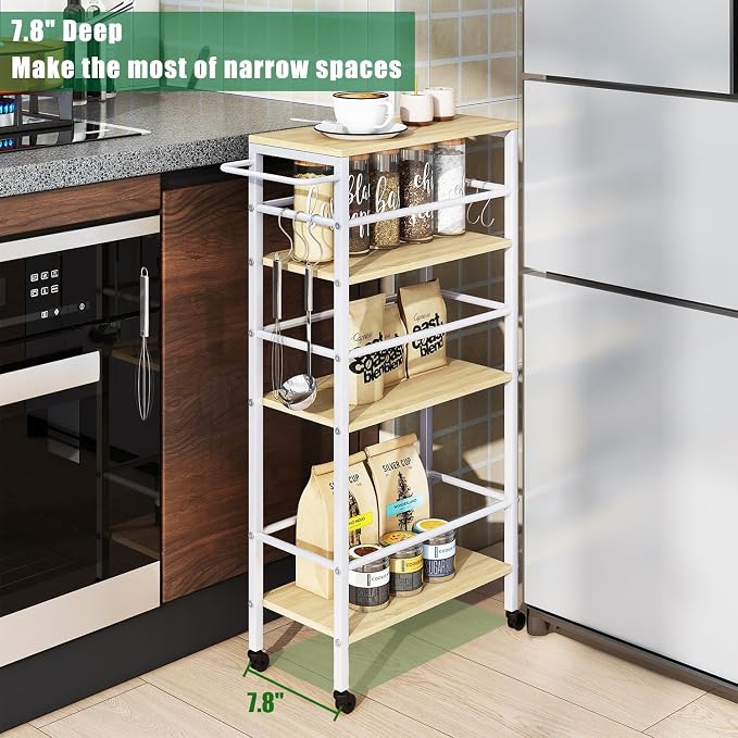 IBUYKE 7.8" Slim Rolling Cart, 4 Tier Metal Kitchen Laundry Storage Cart - Image 2