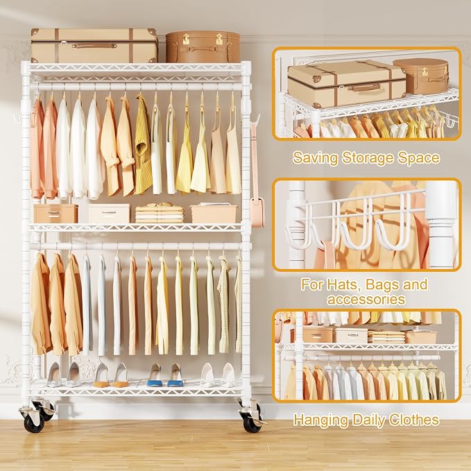 P1 Rolling Clothes Rack Heavy Duty, Metal Closet Clothing Rack - Image 4