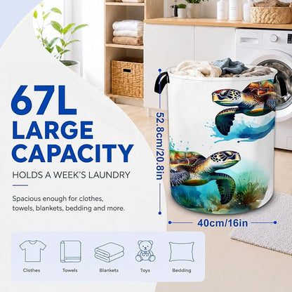 Sea Turtle Watercolor Laundry Basket Foldable Waterproof Oxford Cloth Tote Bag - Image 2
