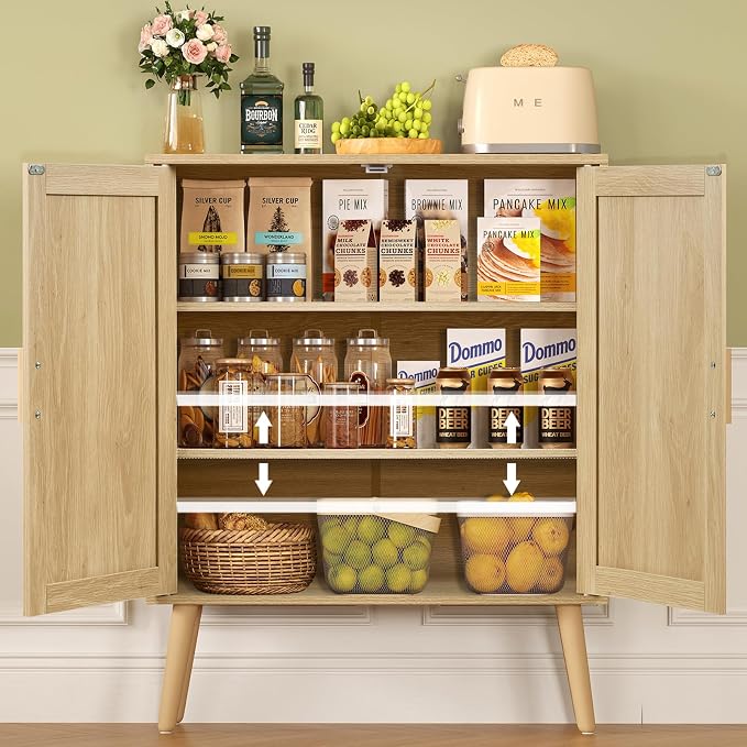 Iwell Storage Cabinet with 2 Shelves, Rattan Cabinet with 2 Doors, Sideboard - Image 5