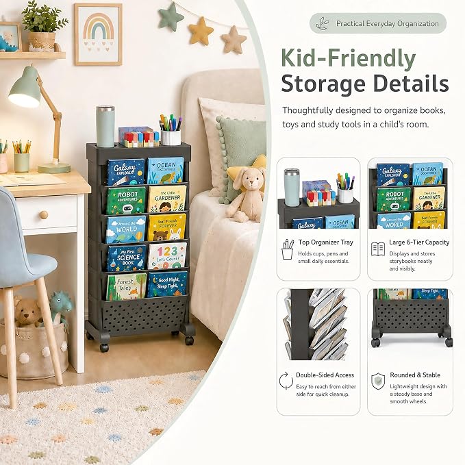6-Tier Rolling Bookshelf Magazine Rack - Image 5