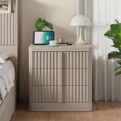 Fluted Nightstand with Charging Station, 23.6" Night Stand with Solid Wood - Image 3