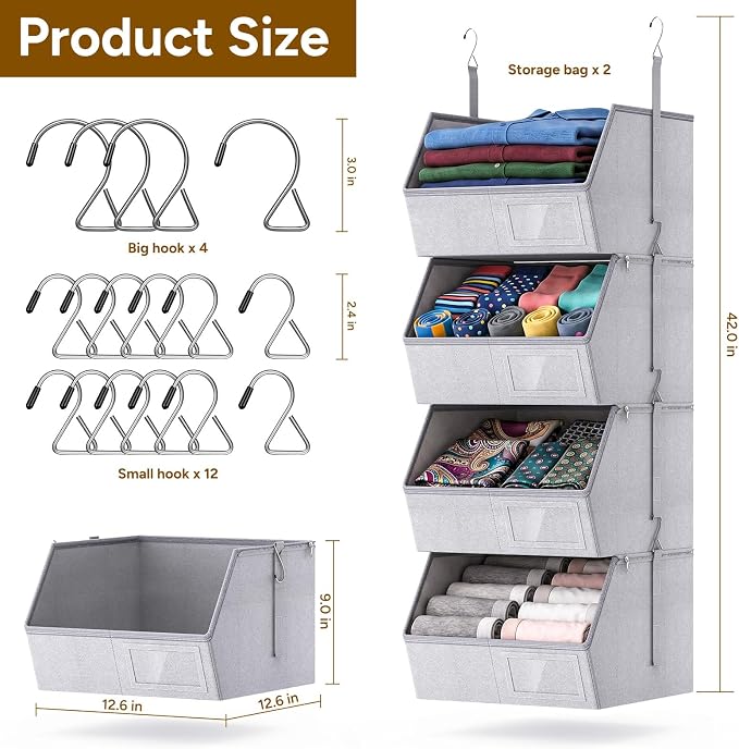 2 Pack 4-Tier Hanging Closet Organizer, Detachable Hanging Storage Shelves - Image 3