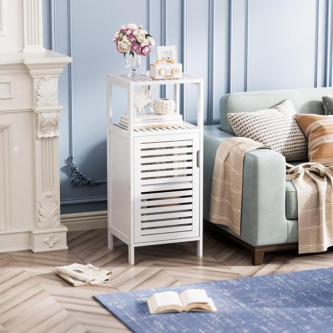HITNET Bamboo Bathroom Storage Cabinet, 4 Tier Small White Floor Cabinet - Image 7