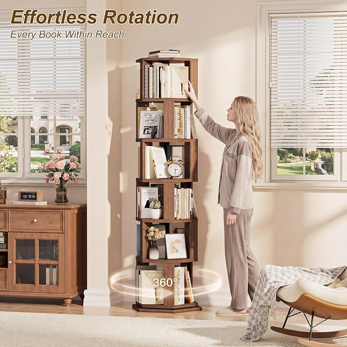 Rotating Bookshelf Tower, 6 Tier Solid Wood Spinning Rolling Book Shelf | - Image 3