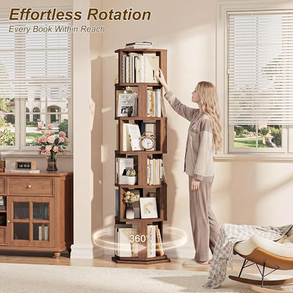 Rotating Bookshelf Tower, 6 Tier Solid Wood Spinning Rolling Book Shelf | - Image 3