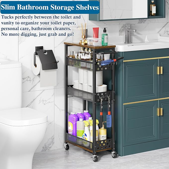 Rolling Slim Storage Cart, 4-Tier Narrow Bathroom Organizers and Storage Cart - Image 4