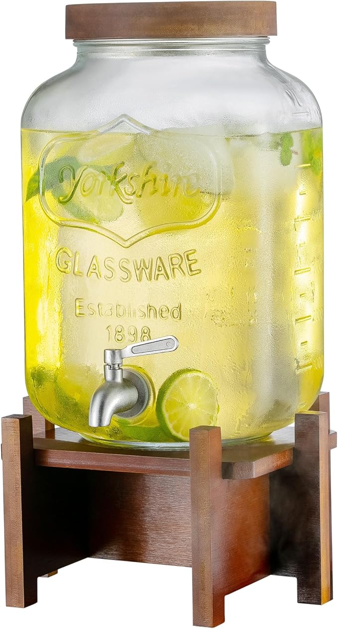 Drink Dispenser with Acacia Wood Stand and Lid, 2 Gallon Glass Beverage by PTSTING