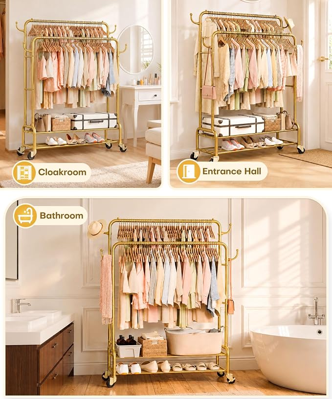 Homde Heavy Duty Clothes Rack: 265lb Rolling Double Rod Garment Hanging - Image 3
