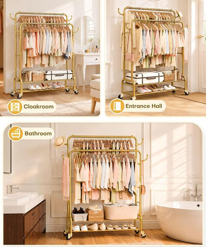 Homde Heavy Duty Clothes Rack: 265lb Rolling Double Rod Garment Hanging - Image 3