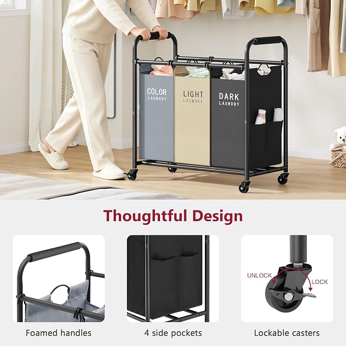 Tajsoon 3 Bag Laundry Sorter Cart, Laundry Hamper Sorter Basket - Image 5