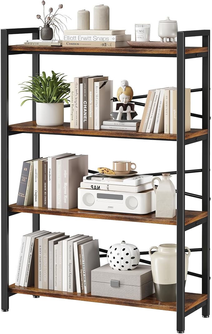 4 Tier Bookshelf 31.49" Width, Book Organizers and Storage, Wood and Metal Tall by Homeiju