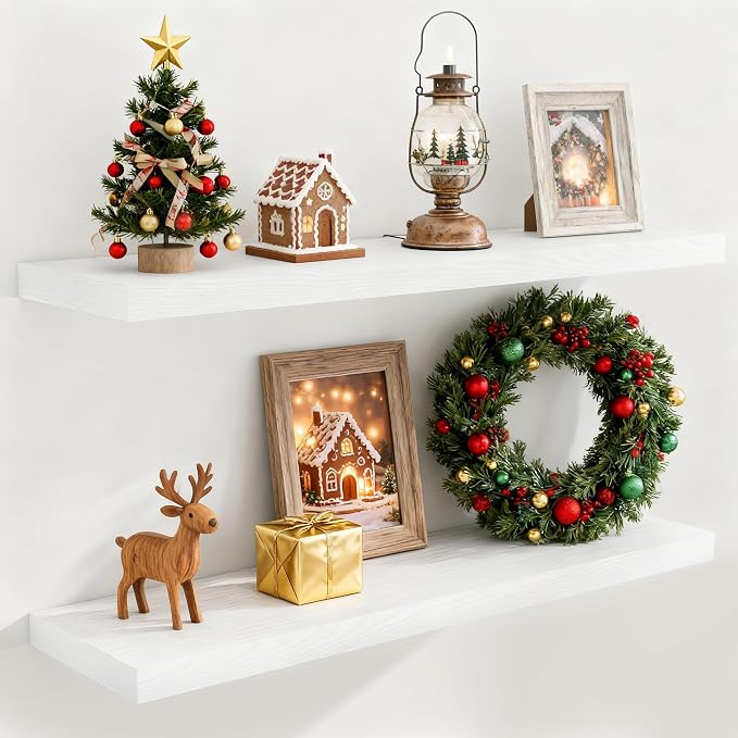 Fun Memories 40 Inch Floating Shelves White, Farmhouse Wood Wall Shelves by FunMemories