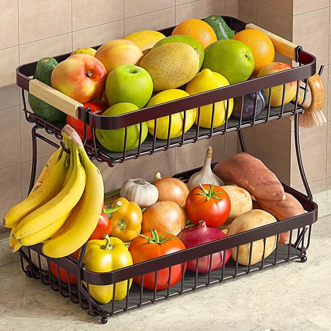 2-Tier Fruit Basket with Banana Hangers, Detachable Metal Bowl by Sevenblue