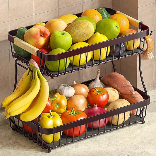 2-Tier Fruit Basket with Banana Hangers, Detachable Metal Bowl | Wooden handle by Sevenblue