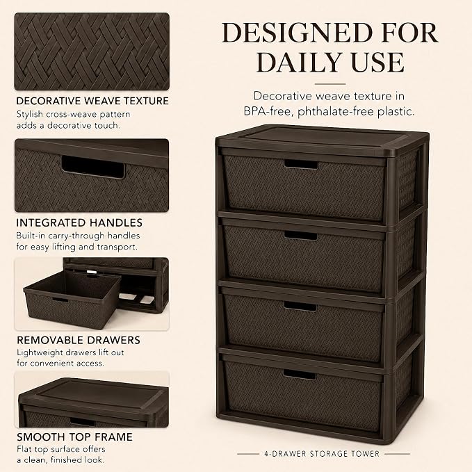 Wide 4-Drawer Plastic Storage Tower, Decorative Organizer Chest, BPA-free - Image 6