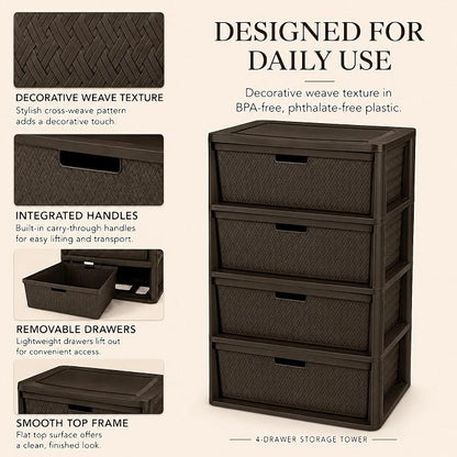 Wide 4-Drawer Plastic Storage Tower, Decorative Organizer Chest, BPA-free - Image 6