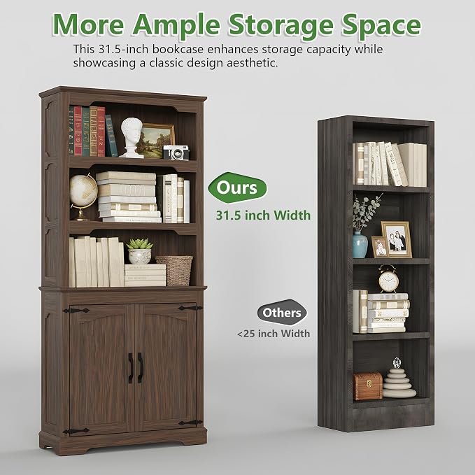 70 Inch Farmhouse Bookcase, Walnut Two-Tone Shelves, 5 Tier Bookshelf - Image 3