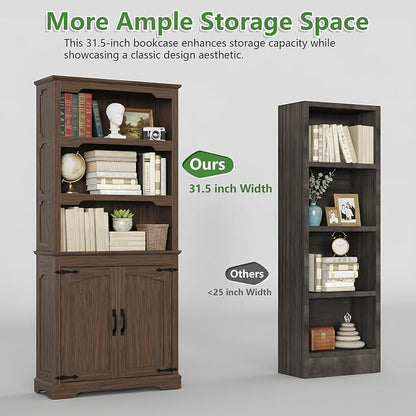 70 Inch Farmhouse Bookcase, Walnut Two-Tone Shelves, 5 Tier Bookshelf - Image 3