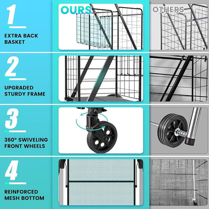 Folding Shopping Cart for Groceries, 360 lbs Capacity Grocery Cart - Image 2