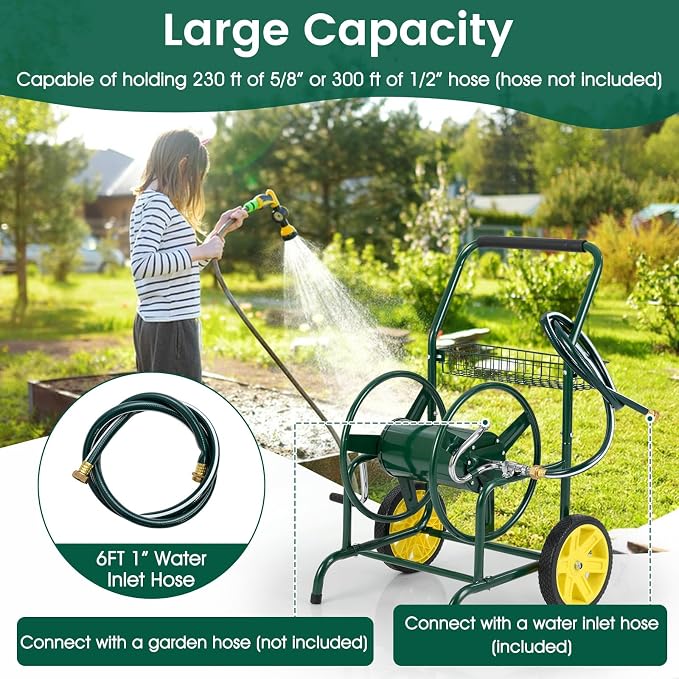 Goplus Garden Hose Reel Cart, 230ft 5/8" or 300ft 1/2" Heavy-Duty Metal Hose - Image 3