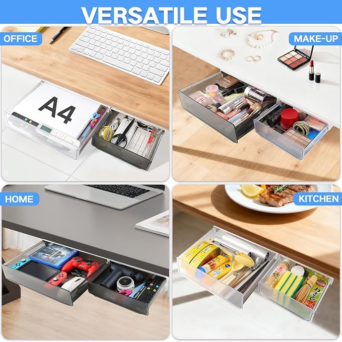OSPNIEEK Self-adhesive Under Desk Drawer Organizer, 2 Pack Table Hidden Slide - Image 3