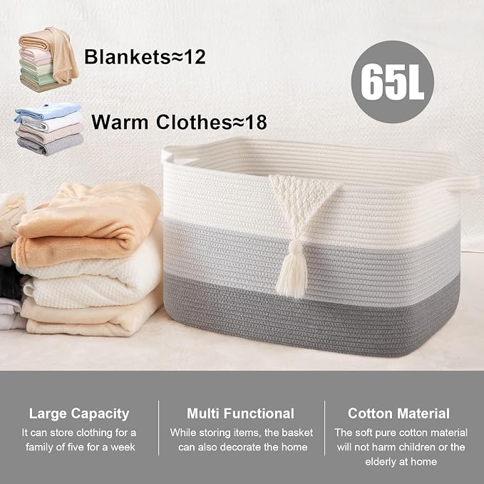 65L Large Storage Basket, Cotton Rope Woven Blanket Basket, Toy Storage - Image 2