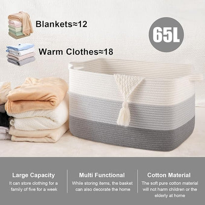 65L Large Storage Basket, Cotton Rope Woven Blanket Basket, Toy Storage - Image 2