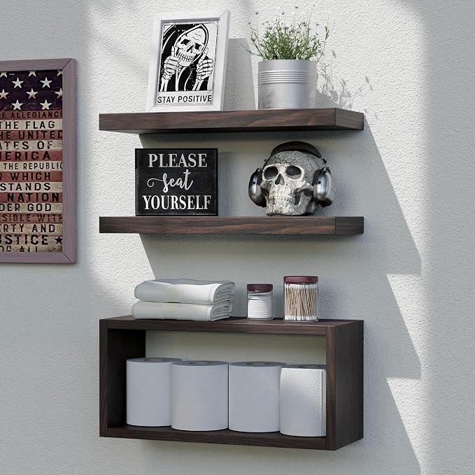 RICHER HOUSE 3-Set Walnut Floating Wall Shelves, Bathroom Shelf Over Toilet | by RicherHouse