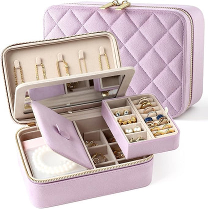 Velvet Travel Jewelry Box with Large Mirror, Double-Layer Jewelry Organizer Case by Lumayina