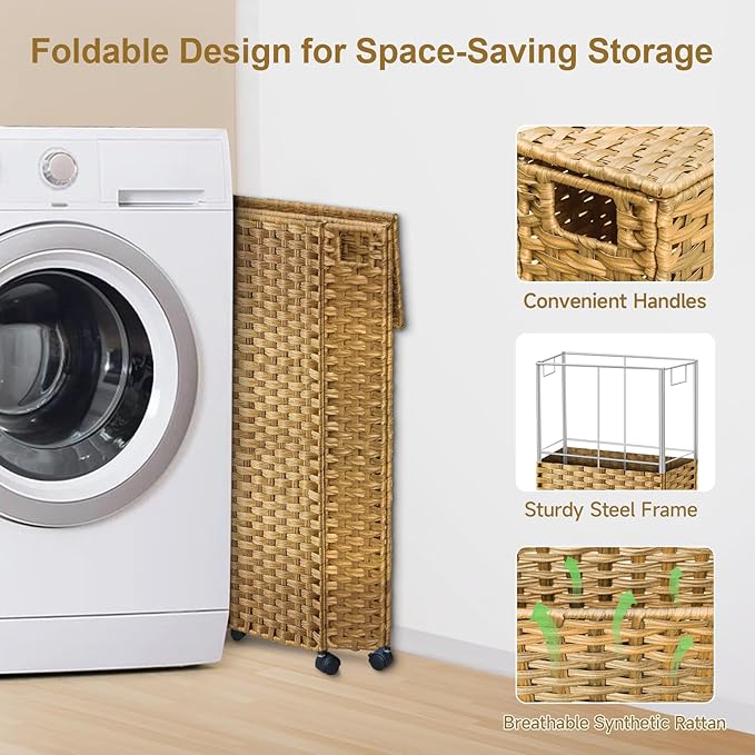 88L Slim Laundry Hamper with Wheels, 23.3 Gallon Rolling Laundry Basket with Lid - Image 7