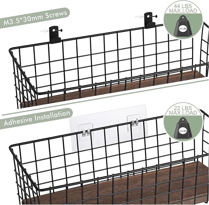Wall Hanging Baskets, 3 Wooden Wire Bins - Image 3