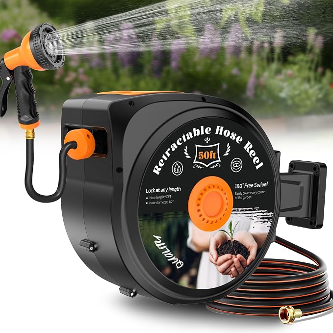 Retractable Garden Hose Reel, 1/2 in x 50 ft Wall Mounted Hose Reel | by HooSeen