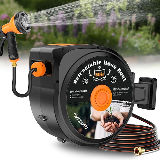 Retractable Garden Hose Reel, 1/2 in x 50 ft Wall Mounted Hose Reel | by HooSeen