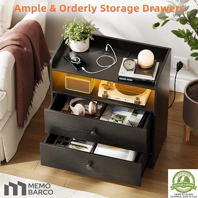 2 Pack Nightstand with Charging Station and LED Light, Modern Nightstand with - Image 6