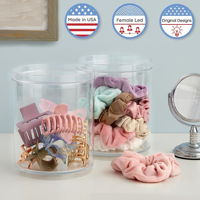 STORi Bella Tall Scrunchie Holder | Stackable Clear Plastic Container Round - Image 2