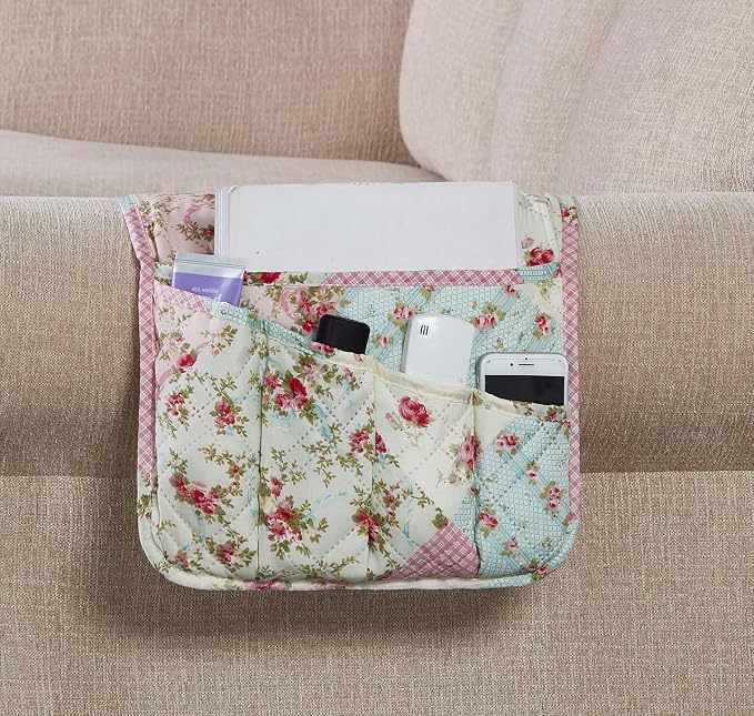 Brilliant Sunshine Pink and Green Rose Patchwork Sofa Armrest 5 Pockets by BrilliantSunshine