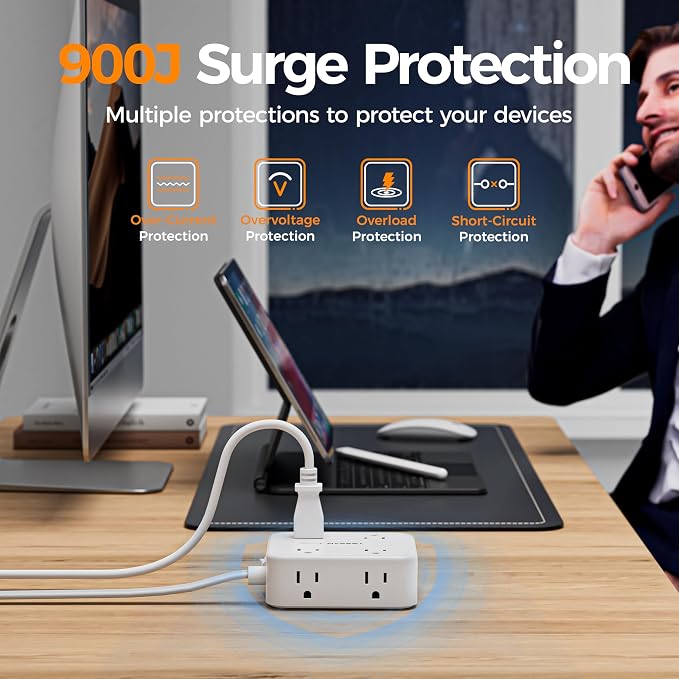 TESSAN Flat Plug Extension Cord, 5 Ft Surge Protector Power Strip - Image 6