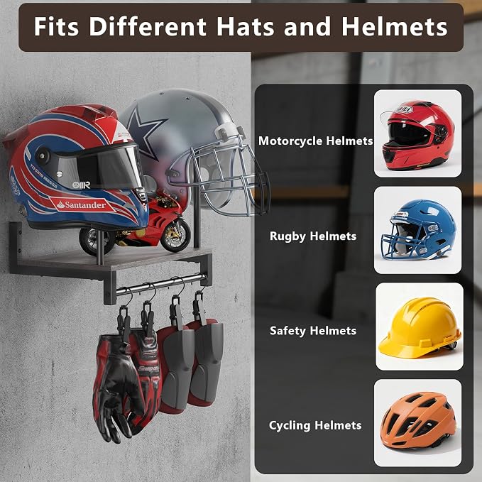 Automotive Helmet Holder Wall Mount, Solid Wood and Metal Helmet Rack - Image 2