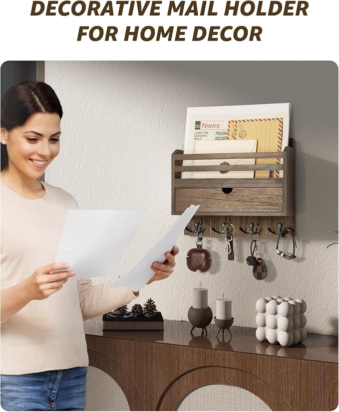 Rebee Vision Farmhouse Wood Mail Organizer Wall Mount - Image 3