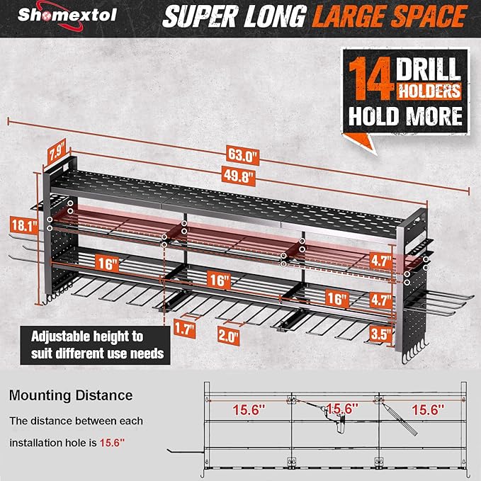 49.8" W Large Power Tool Organizer Wall Mount, Heavy Duty Tool Organizer - Image 2