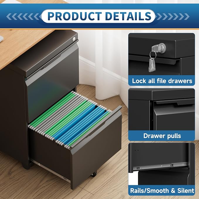 2 Drawer File Cabinet with Lock, Rolling Vertical File Cabinets - Image 5