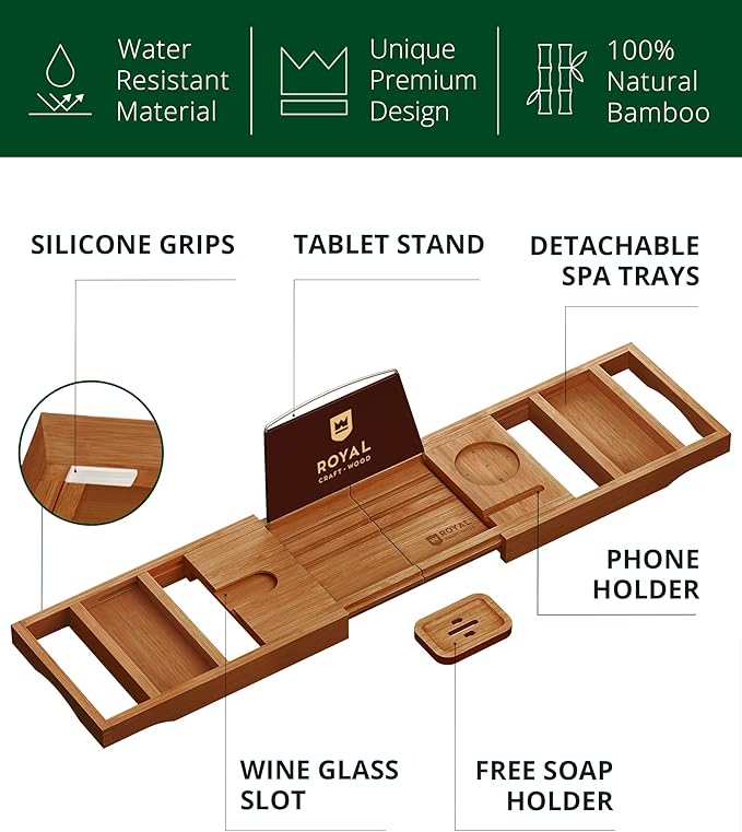 ROYAL CRAFT WOOD Premium Foldable Bathtub Tray Caddy - Image 3