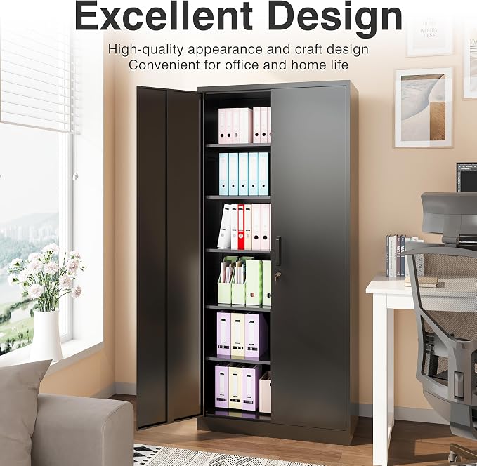 Metal Storage Cabinet with 2 Doors and 6 Shelves, Locking File Cabinet - Image 10